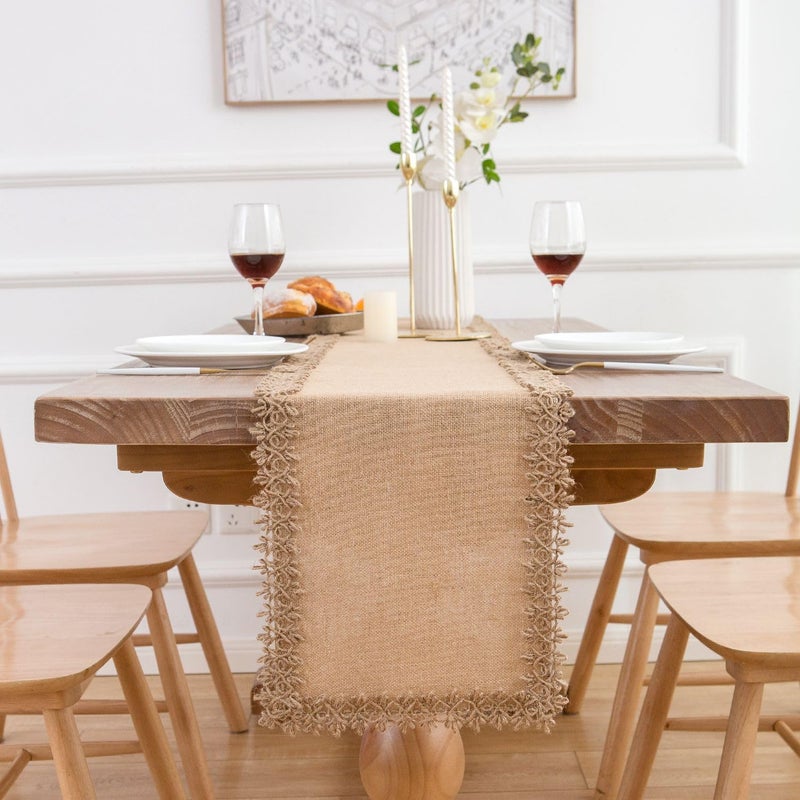 LIGICKY Natural Burlap Table Runners 48 Inches Farmhouse Rustic Jute Woven Macrame Table Runner for Dresser Wedding Home Dining Table Decor 12x48 inch, Brown - Image 3