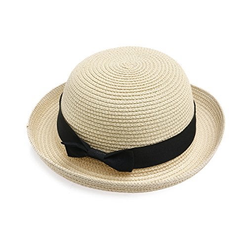 BinaryABC Summer Straw Sun Hat for Women & Kids (Fits Head Circumference 57cm) | Lightweight Bowler Beach Cap for Small Heads,Adjustable & Breathable – Beige - Image 1