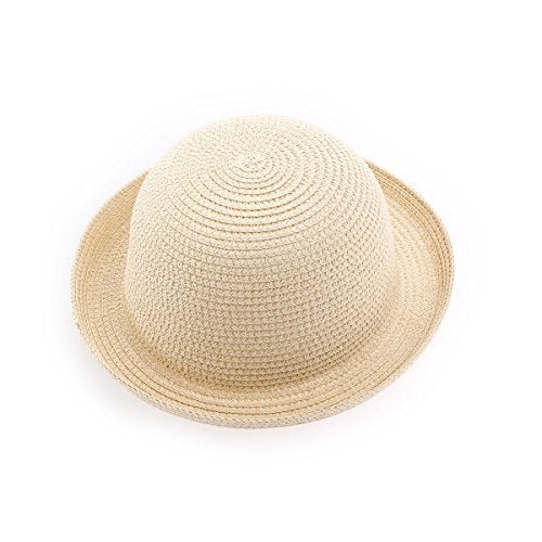 BinaryABC Summer Straw Sun Hat for Women & Kids (Fits Head Circumference 57cm) | Lightweight Bowler Beach Cap for Small Heads,Adjustable & Breathable – Beige - Image 3