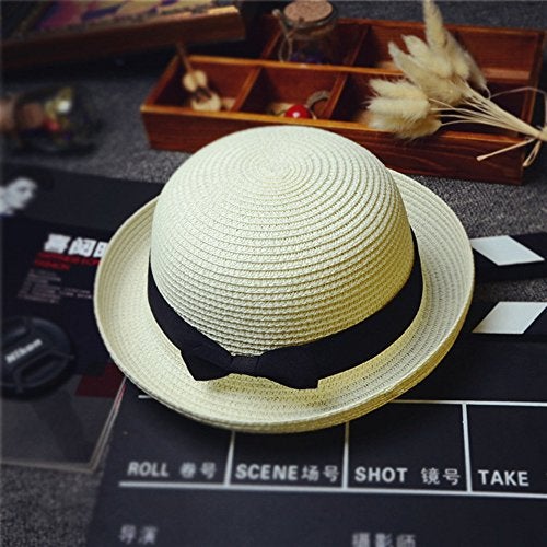 BinaryABC Summer Straw Sun Hat for Women & Kids (Fits Head Circumference 57cm) | Lightweight Bowler Beach Cap for Small Heads,Adjustable & Breathable – Beige - Image 4