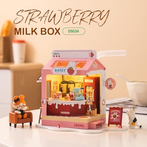 Wowood DIY Mini House Building Miniature Kit Milkbox, Miniature Lifestyle Bookshelf Decoration, Cute Craft Kits for Women or Girls 14+, Kawaii Gifts Hobbies for Crafters (Strawberry Milkbox) - Image 2