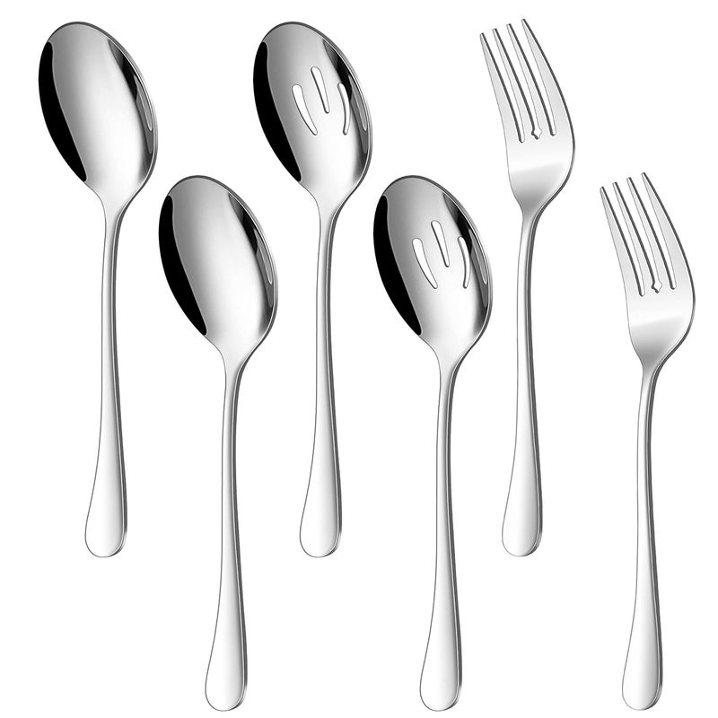 Herogo 6Pieces Stainless Steel Serving Utensils Set Included Spoons Slotted Spoons Forks Metal Hostess Set for Catering Banquet Buffet Party Mirror Polished