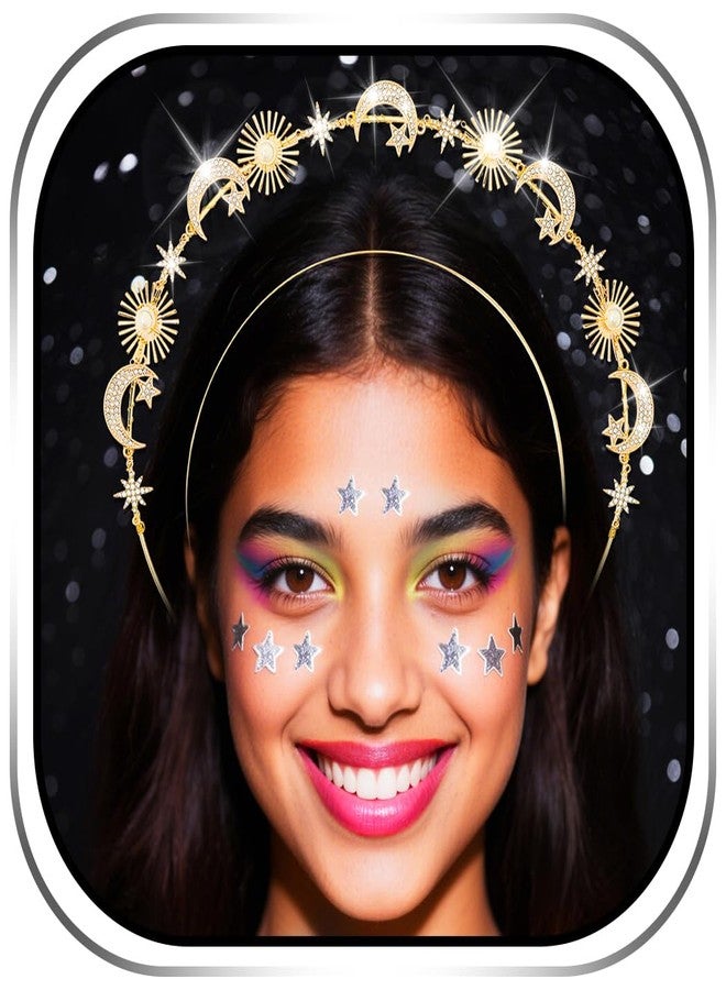 Urieo Star Halo Crown Headband Rhinestone Gold Goddess Headpiece Costume Celestial Hair Accessory for Women - Image 1