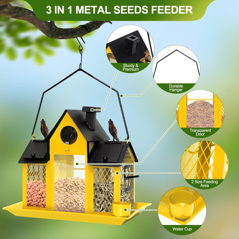 FIMOFIDRE Solar Bird Feeders House for Outdoors Hanging, 7LBS Large Capacity Metal Wild Bird Feeder Squirrel Proof for Outside with Water Cup, Cardinal Birdfeeder Birdhouses Gift for Bird Lovers (Yellow) - Image 3