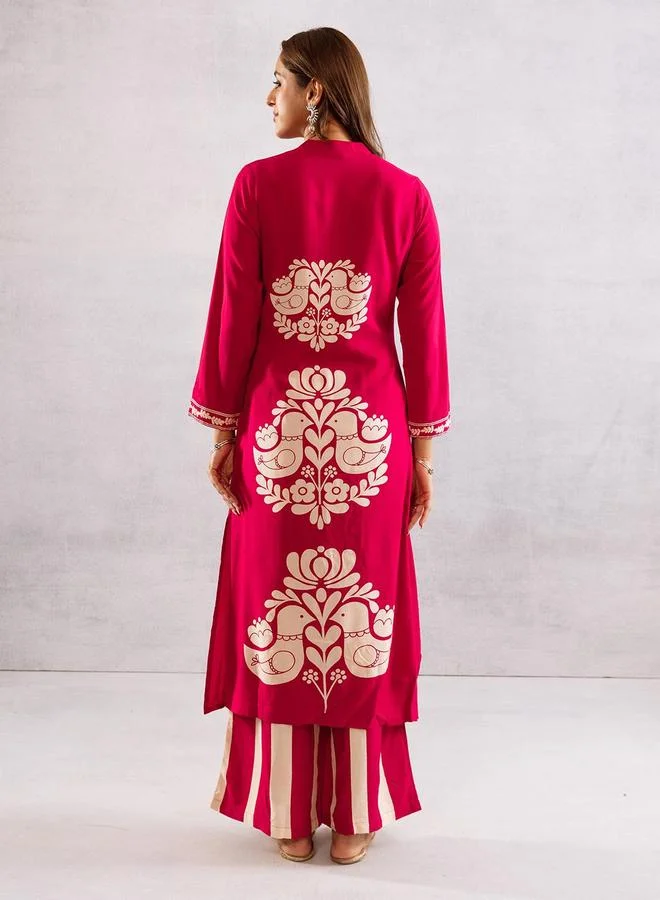 آي شين Women's Pink Rayon Printed Tunic Upper Calf Length Palazzo Bottom Relaxed 2 Peice Kurta Set