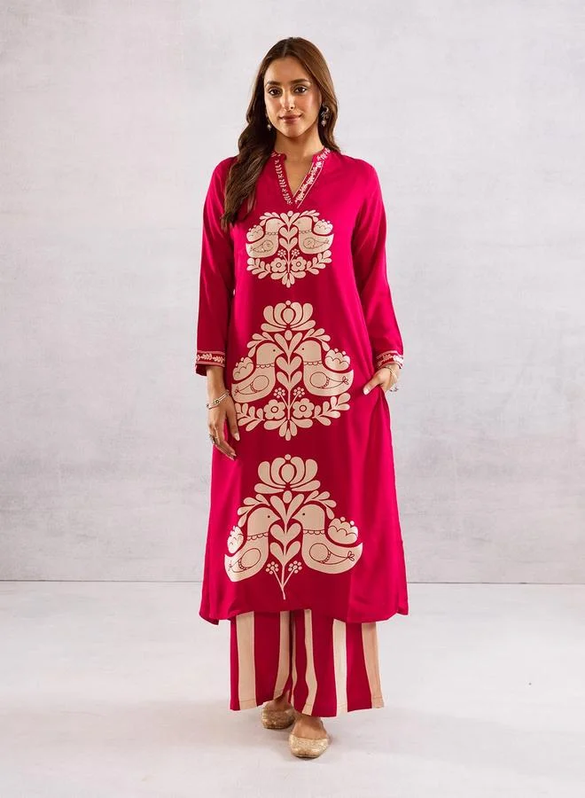 آي شين Women's Pink Rayon Printed Tunic Upper Calf Length Palazzo Bottom Relaxed 2 Peice Kurta Set