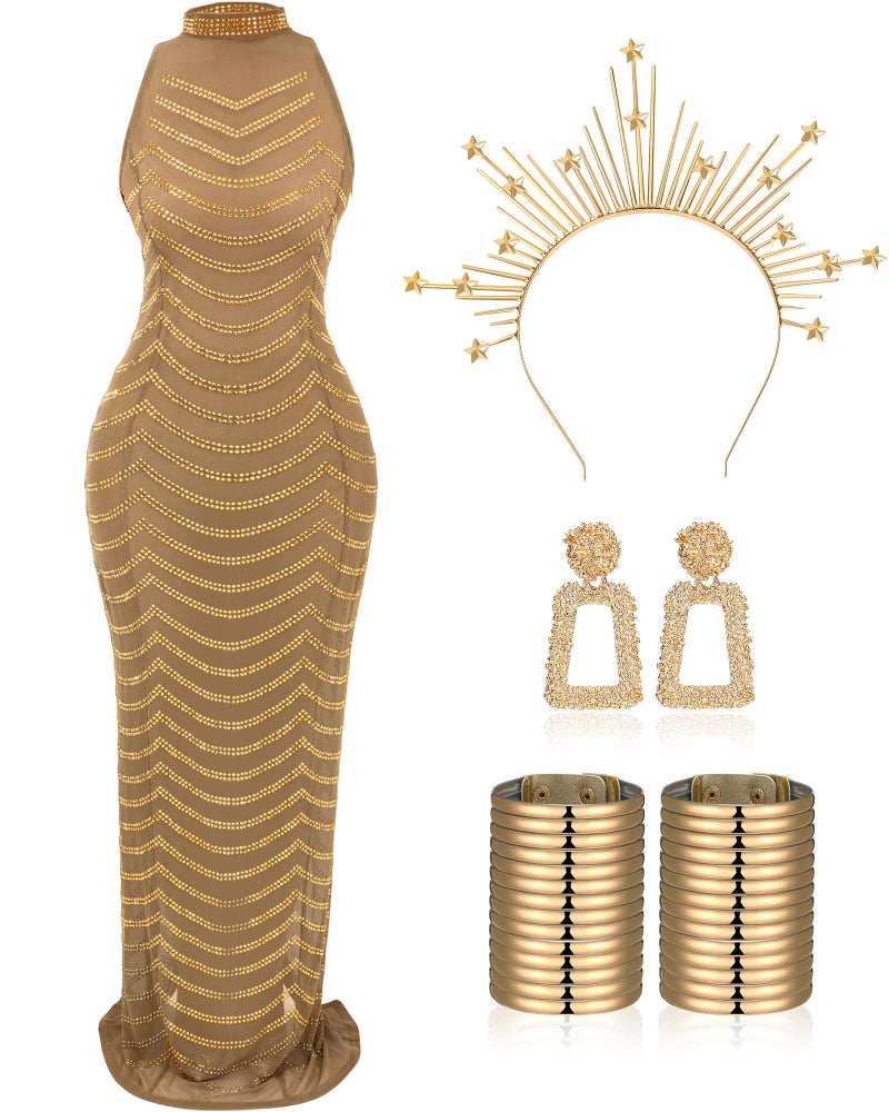 Jeere 6 Pcs Women Rhinestone Dress Gold Party Night Club African Jewelry Egypt Bracelet Earrings Mary Crown Headpiece(XL) - Image 1