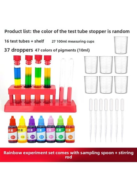 Pigment Children's Experiment Rainbow Suit Color Change Scientific Test Tube Rack Ternary Color Kindergarten Teaching Aids-Specification:Rainbow Experiment Set [contains 10ml Of 7-color Pigments, Red Test Tube Rack, Test Tube Stoppers In Random Colors]