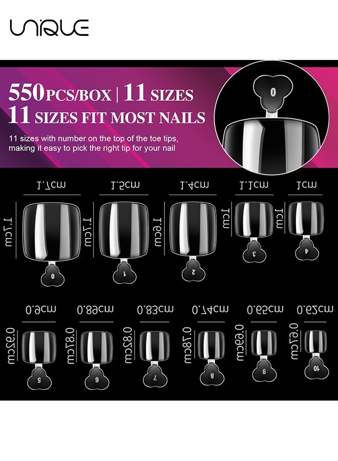 Unique 550 Pieces Square False Toenails Set - 11 Sizes Square Toenails - Full Cover Acrylic Press on False Nail Tips No Trace for Beginners and Professional Home Salon DIY Nail Art - Image 2