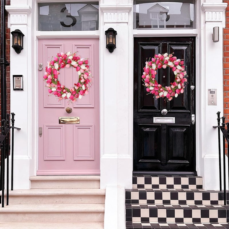 Sggvecsy 20in Tulip Wreath for Front Door Artificial Pink Flower Wreath Spring Summer Silk Flower with Heart Berries Green Leaves for Gifts Festival Wedding Window Wall Decor - Image 2