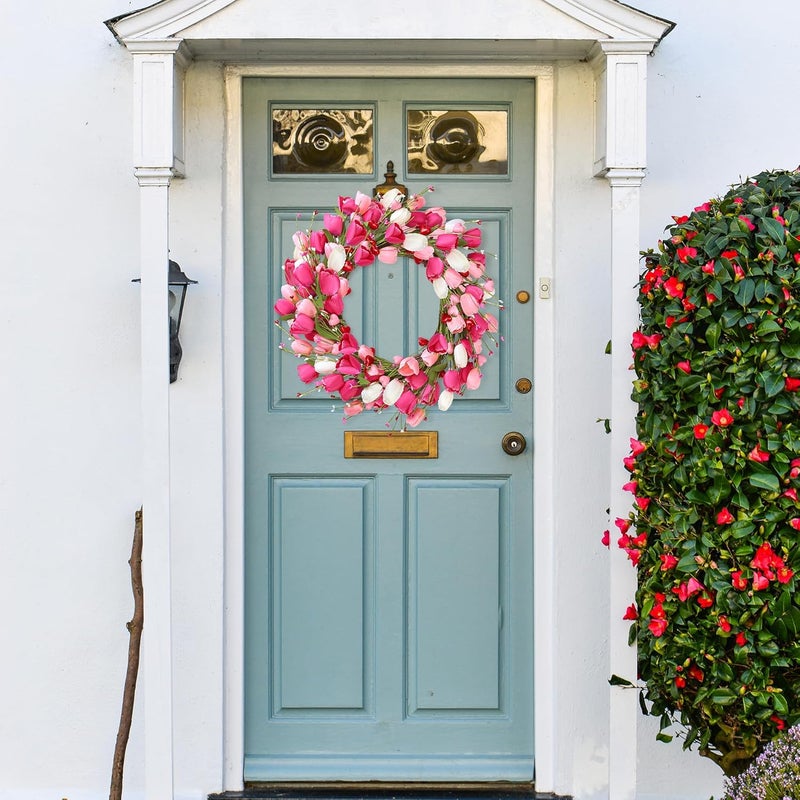 Sggvecsy 20in Tulip Wreath for Front Door Artificial Pink Flower Wreath Spring Summer Silk Flower with Heart Berries Green Leaves for Gifts Festival Wedding Window Wall Decor - Image 4