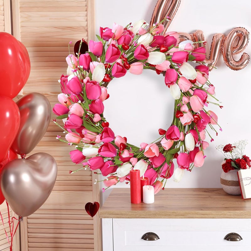 Sggvecsy 20in Tulip Wreath for Front Door Artificial Pink Flower Wreath Spring Summer Silk Flower with Heart Berries Green Leaves for Gifts Festival Wedding Window Wall Decor - Image 3