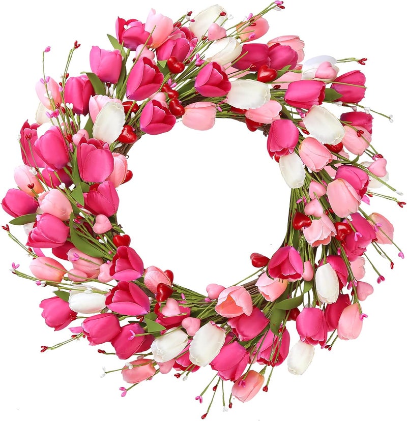 Sggvecsy 20in Tulip Wreath for Front Door Artificial Pink Flower Wreath Spring Summer Silk Flower with Heart Berries Green Leaves for Gifts Festival Wedding Window Wall Decor - Image 1