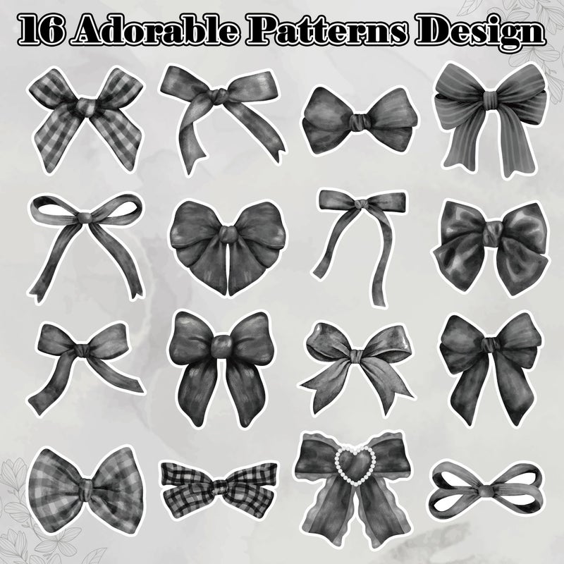 A1diee Black White Coquette Bow Sticker - 1000Pcs Watercolor Aesthetic Decoration Vintage Waterproof Bow Aesthetic for Girls Scrapbook Crafts Laptop Party Favors Water Bottle, 2 Rolls 16 Patterns - Image 3