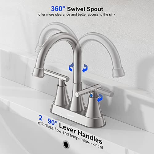 Hurran Bathroom Faucets for Sink 3 Hole, Hurran 4 inch Brushed Nickel Bathroom Sink Faucet with Pop-up Drain and Supply Hoses, Stainless Steel Lead-Free Centerset Faucet for Vanity RV, 2 Pack - Image 3