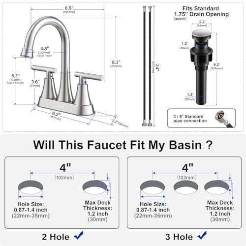 Hurran Bathroom Faucets for Sink 3 Hole, Hurran 4 inch Brushed Nickel Bathroom Sink Faucet with Pop-up Drain and Supply Hoses, Stainless Steel Lead-Free Centerset Faucet for Vanity RV, 2 Pack - Image 5