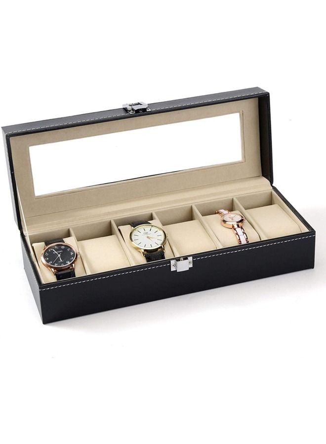PADOM صندوق ساعة بادوم من جلد PU، حامل ساعة، منظم ساعة مع غطاء زجاجي، علبة ساعة مع وسادة ساعة قابلة للإزالة، بطانة مخملية، قفل معدني، عرض ساعة (6 فتحات) - Image 1