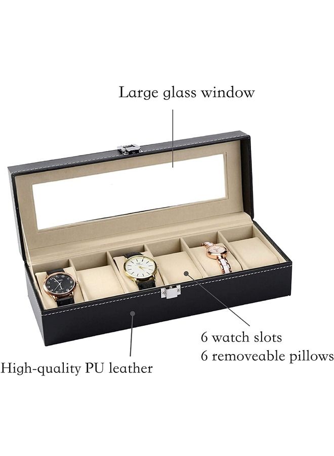 PADOM صندوق ساعة بادوم من جلد PU، حامل ساعة، منظم ساعة مع غطاء زجاجي، علبة ساعة مع وسادة ساعة قابلة للإزالة، بطانة مخملية، قفل معدني، عرض ساعة (6 فتحات) - Image 2