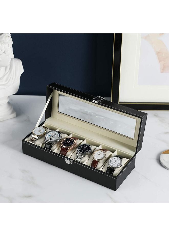 PADOM صندوق ساعة بادوم من جلد PU، حامل ساعة، منظم ساعة مع غطاء زجاجي، علبة ساعة مع وسادة ساعة قابلة للإزالة، بطانة مخملية، قفل معدني، عرض ساعة (6 فتحات) - Image 5