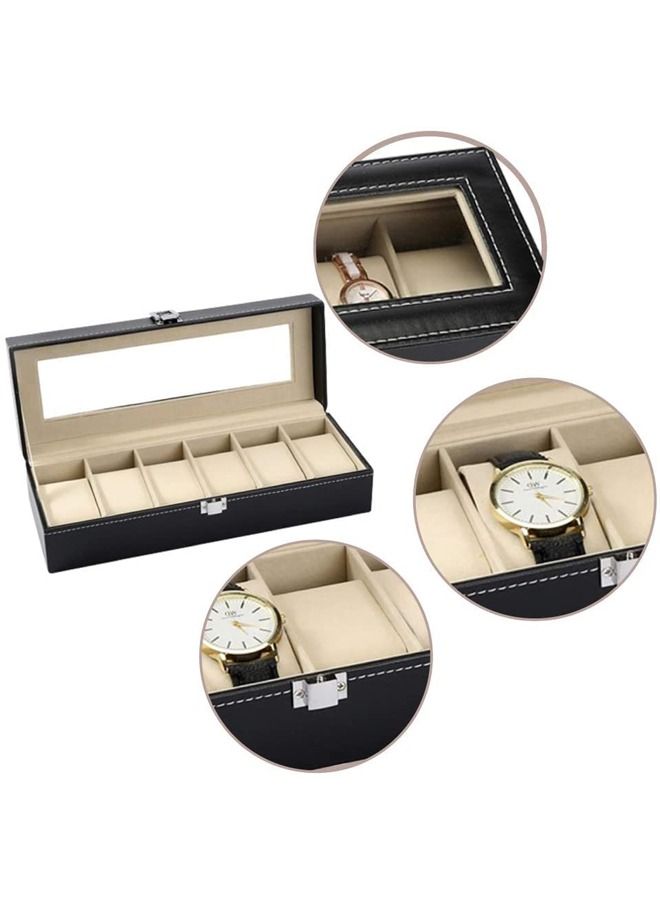 PADOM صندوق ساعة بادوم من جلد PU، حامل ساعة، منظم ساعة مع غطاء زجاجي، علبة ساعة مع وسادة ساعة قابلة للإزالة، بطانة مخملية، قفل معدني، عرض ساعة (6 فتحات) - Image 4