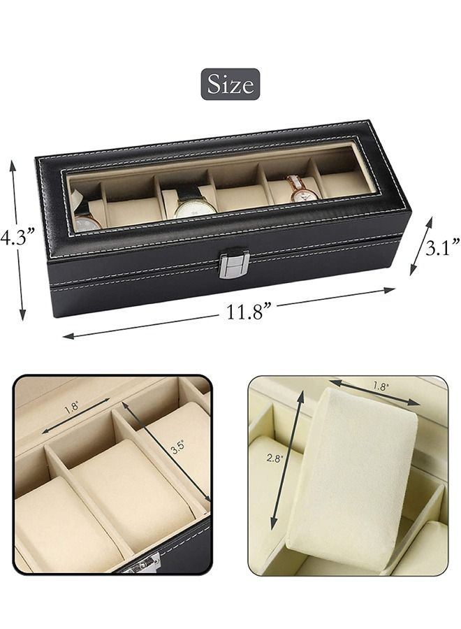 PADOM صندوق ساعة بادوم من جلد PU، حامل ساعة، منظم ساعة مع غطاء زجاجي، علبة ساعة مع وسادة ساعة قابلة للإزالة، بطانة مخملية، قفل معدني، عرض ساعة (6 فتحات) - Image 3