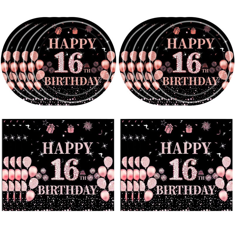 Juhap 16th Birthday Decorations for Girls Her, Rose Gold Happy 16 Years Old Birthday Party Supplies Including 20 Plates 20 Napkins 16 Girl Birth Tableware for Sweet Teenager Party - Image 1