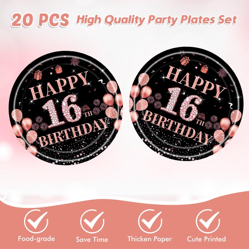 Juhap 16th Birthday Decorations for Girls Her, Rose Gold Happy 16 Years Old Birthday Party Supplies Including 20 Plates 20 Napkins 16 Girl Birth Tableware for Sweet Teenager Party - Image 3