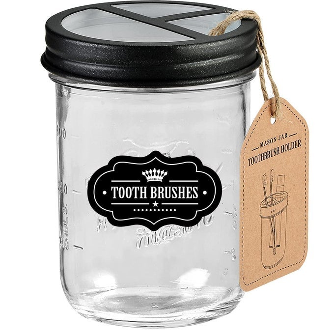 MASON JAR TOOTHBRUSH HOLDER BLACK WITH 16 OUNCE MASON JARPREMIUM RUSTPROOF 304 STAINLESS STEEL LID AND CHALKBOARD LABELS RUSTIC FARMHOUSE DECOR BLACK BATHROOM ACCESSORIES