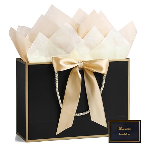 JMANNI Gift Bags with Handles 13 Medium Gift Bag for Presents 1 Pcs Bags with 2 Tissue Paper and 1 Cards for Graduation Baby Shower Wedding Fathers Day Mothers Day Birthday Party GoldenBlack - Image 1