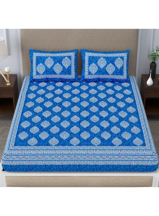 SheetKart 144 TC Cotton Printed Jaipuri Double Bedsheet with 2 Pillow Covers, Sapphire Blue - Image 2