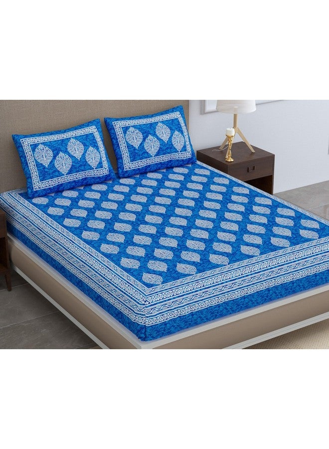 SheetKart 144 TC Cotton Printed Jaipuri Double Bedsheet with 2 Pillow Covers, Sapphire Blue - Image 1