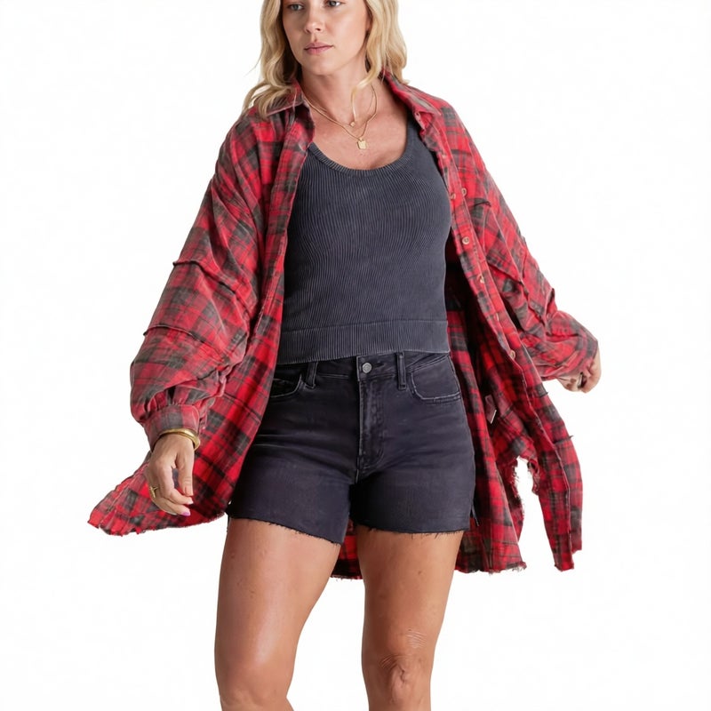 Oversized Plaid Shirt with Lantern Sleeves and Frayed Hem - Image 1