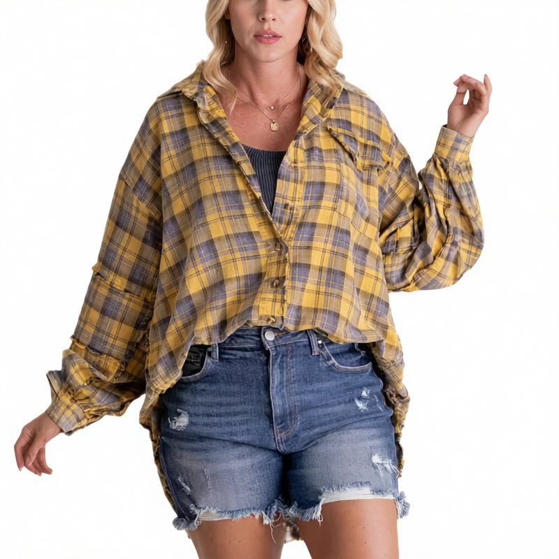 Oversized Plaid Shirt with Lantern Sleeves and Frayed Hem - Image 3