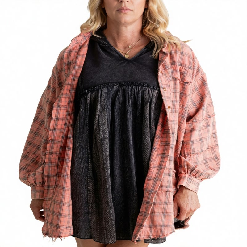 Oversized Plaid Shirt with Lantern Sleeves and Frayed Hem - Image 5