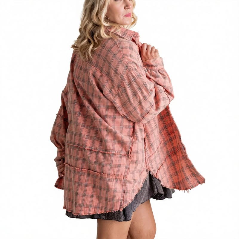 Oversized Plaid Shirt with Lantern Sleeves and Frayed Hem - Image 2