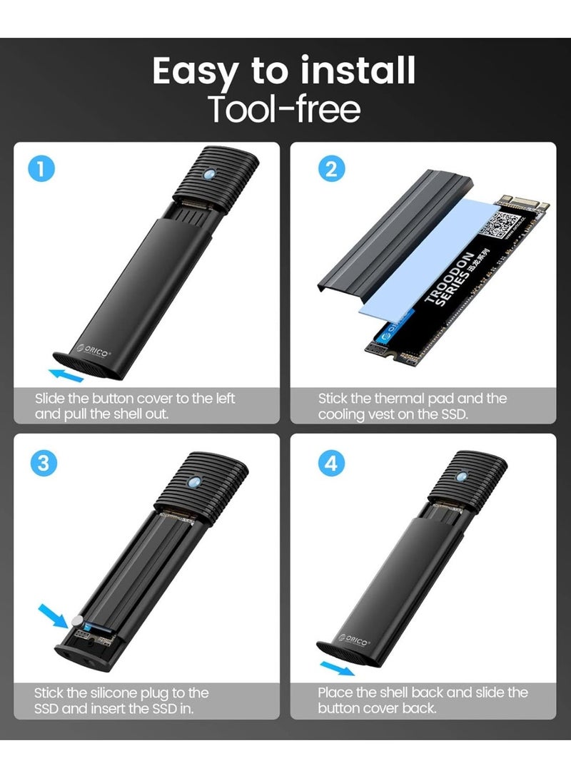 ORICO M.2 NVMe SATA SSD Enclosure Adapter Toolless, Aluminum USB 3.2 Gen2 10Gbps External Case for M-Key (B+M Key) 2230/2242/2260/2280 SSD - PWDM2G2A - Image 5
