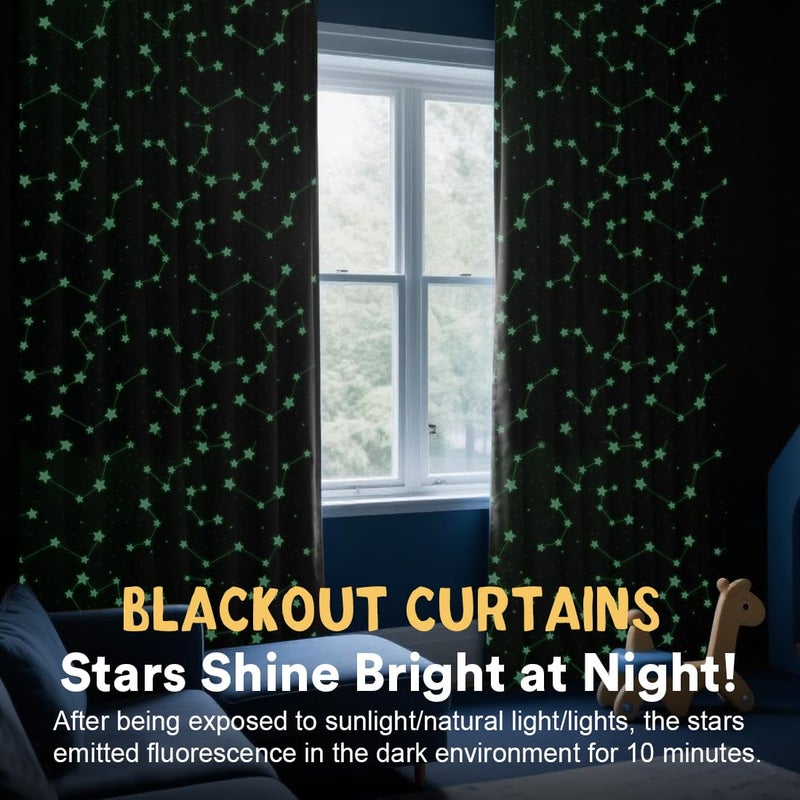 PrinceDeco Kids Blackout Curtains Star Pattern Blackout Curtains with Glowing Effect for Boys Room Curtains 2 Panel Set 84 Inch Total Darkness Thermal Insulated Drapes for Nursery Black - Image 3