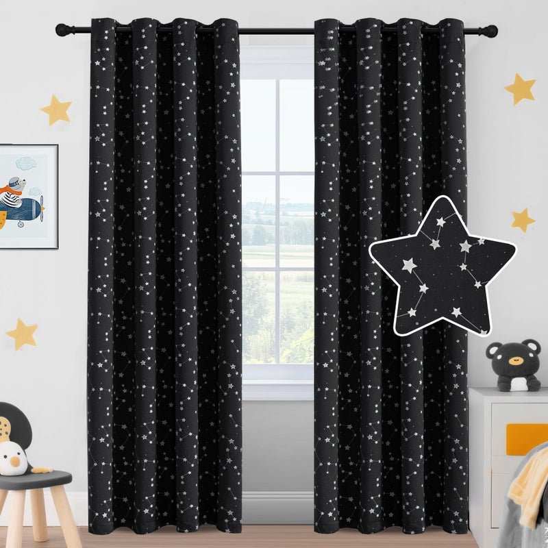PrinceDeco Kids Blackout Curtains Star Pattern Blackout Curtains with Glowing Effect for Boys Room Curtains 2 Panel Set 84 Inch Total Darkness Thermal Insulated Drapes for Nursery Black - Image 1