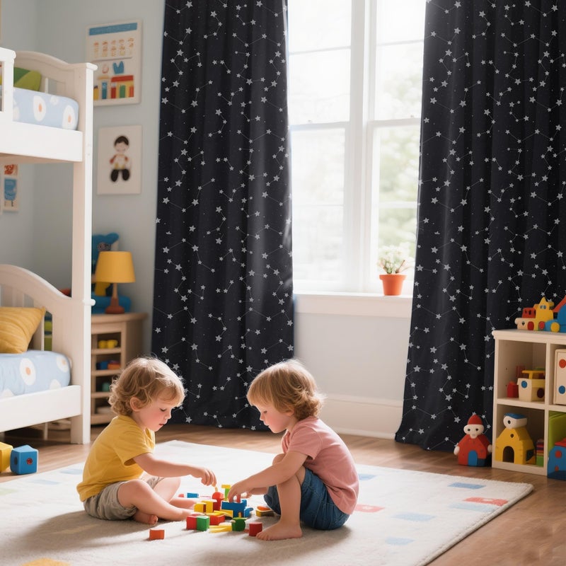 PrinceDeco Kids Blackout Curtains Star Pattern Blackout Curtains with Glowing Effect for Boys Room Curtains 2 Panel Set 84 Inch Total Darkness Thermal Insulated Drapes for Nursery Black - Image 2