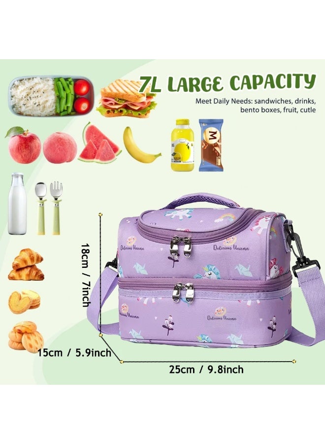 SänHahn Lunch Box Bag Kids, Insulated Two Compartments Cooler Bags Back to School for Boys, Girls, Toddler, Teen, Men, Women, Cute Travel Bag with Adjustable Shoulder Strap Lunch Bag for School, Daycare, Kindergarten, Picnic - Purple Unicorn  - Image 3