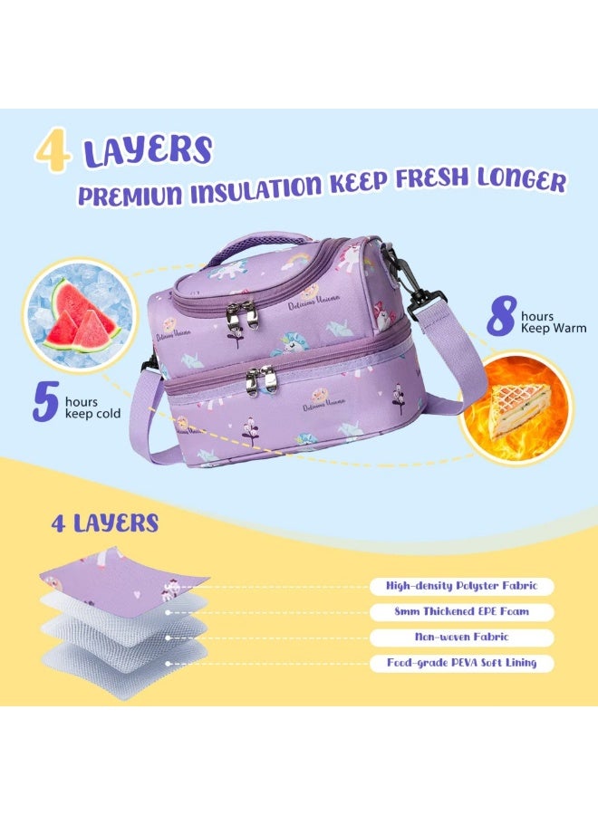 SänHahn Lunch Box Bag Kids, Insulated Two Compartments Cooler Bags Back to School for Boys, Girls, Toddler, Teen, Men, Women, Cute Travel Bag with Adjustable Shoulder Strap Lunch Bag for School, Daycare, Kindergarten, Picnic - Purple Unicorn  - Image 4