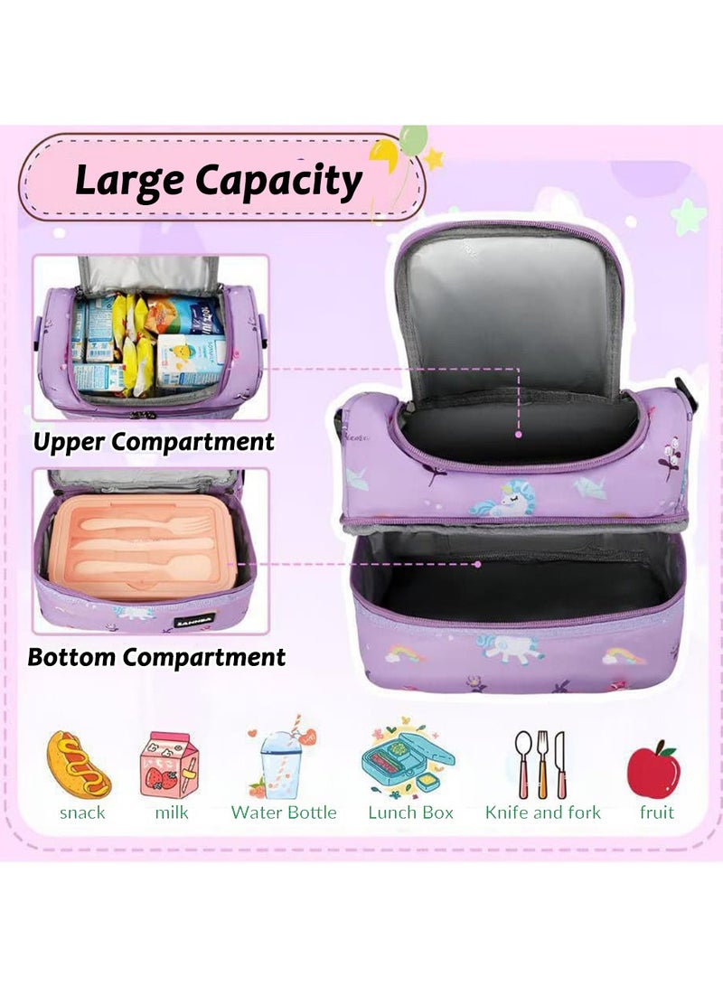 SänHahn Lunch Box Bag Kids, Insulated Two Compartments Cooler Bags Back to School for Boys, Girls, Toddler, Teen, Men, Women, Cute Travel Bag with Adjustable Shoulder Strap Lunch Bag for School, Daycare, Kindergarten, Picnic - Purple Unicorn  - Image 2