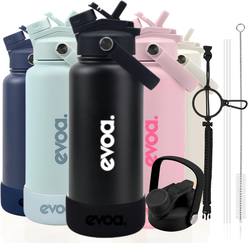 Oceanic evoa. 1000ml Premium Insulated Double Wall Stainless Steel Water Bottle, 2-in-1 Lid with Straw & Spout, Leak-Proof, Keeps Drinks Cold or Hot, 32oz Water Bottle for Gym, Outdoo (Classic Black) - Image 1