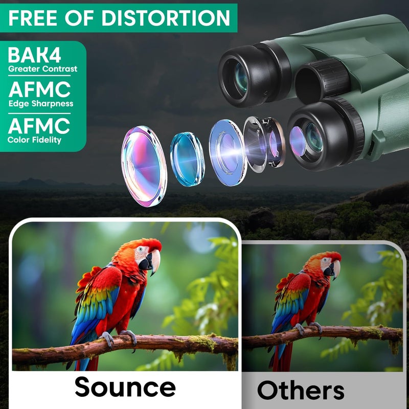 Sounce منظار 12x42 Ultra HD للمسافات البعيدة – منشور BAK4، عدسات مطلية باللون الأخضر – مراقبة الطيور، الحياة البرية، السفاري – يشمل محول الهاتف وحامل ثلاثي قابل للدوران 360° – أخضر - Image 5