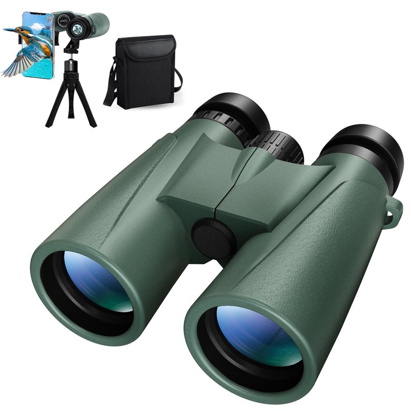 Sounce منظار 12x42 Ultra HD للمسافات البعيدة – منشور BAK4، عدسات مطلية باللون الأخضر – مراقبة الطيور، الحياة البرية، السفاري – يشمل محول الهاتف وحامل ثلاثي قابل للدوران 360° – أخضر - Image 1
