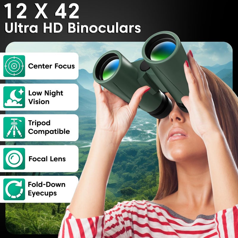 Sounce منظار 12x42 Ultra HD للمسافات البعيدة – منشور BAK4، عدسات مطلية باللون الأخضر – مراقبة الطيور، الحياة البرية، السفاري – يشمل محول الهاتف وحامل ثلاثي قابل للدوران 360° – أخضر - Image 2