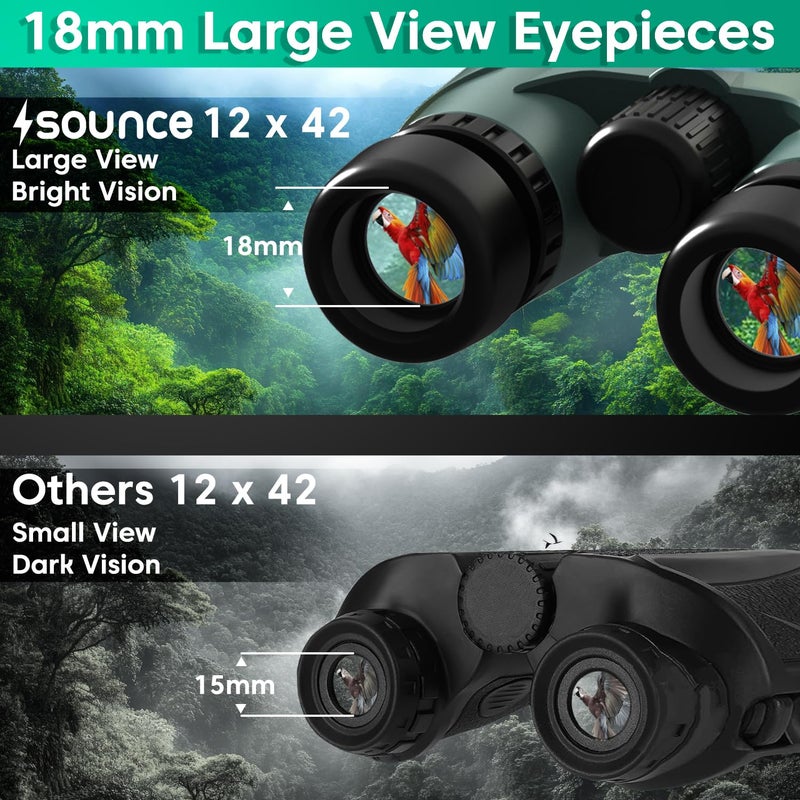 Sounce منظار 12x42 Ultra HD للمسافات البعيدة – منشور BAK4، عدسات مطلية باللون الأخضر – مراقبة الطيور، الحياة البرية، السفاري – يشمل محول الهاتف وحامل ثلاثي قابل للدوران 360° – أخضر - Image 4