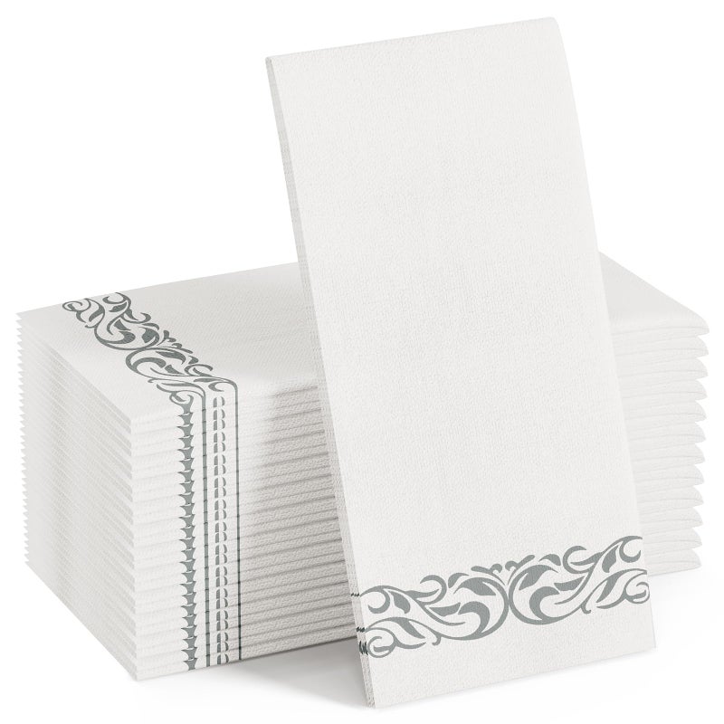 FOCUSLINE 100 Linen Feel Bathroom Napkins Soft and Absorbent Disposable Guest Towels ClothLike Paper Hand Towels Decorative Napkins for Dinners Parties Weddings or Events Silver 12 x 17