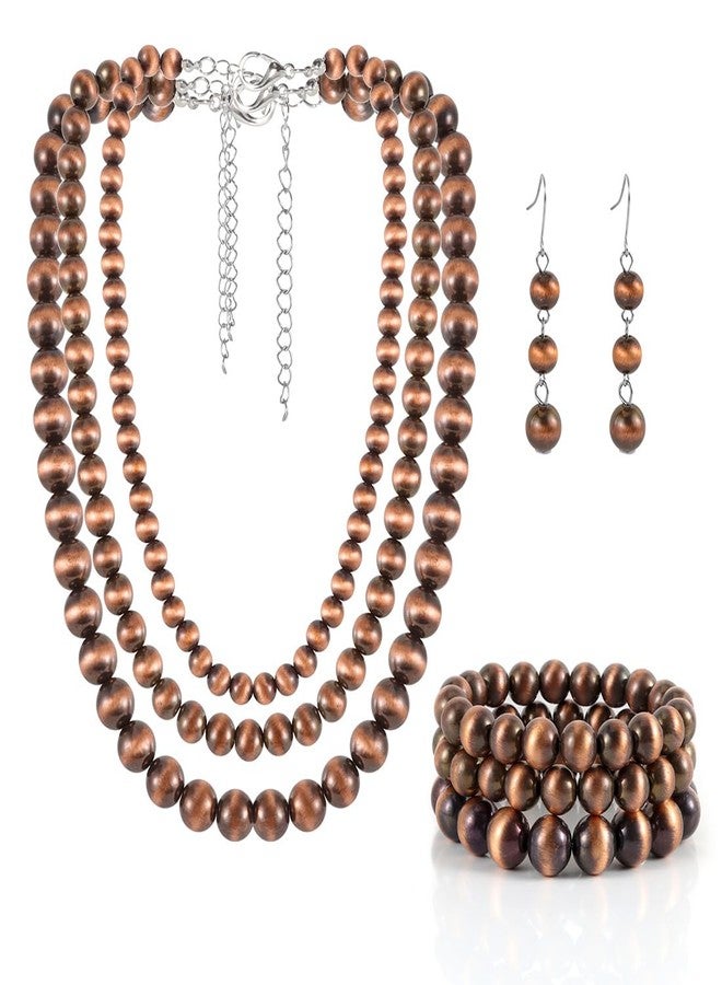 KOSMOS-LI Western Style Three Layer Necklaces Bracelet Earrings Faux Pearl Bronze Beaded Women Jewelry Sets - Image 1