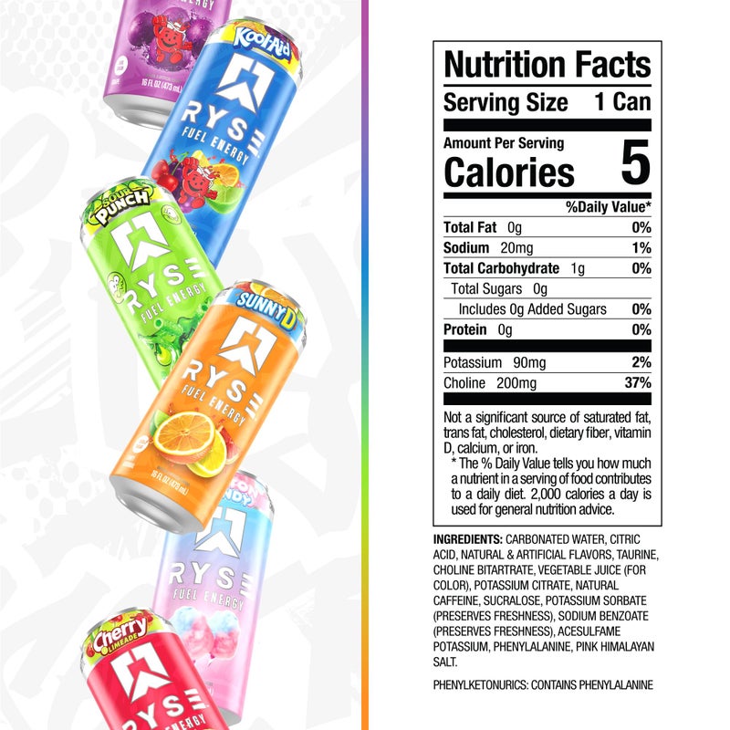 RYSE Up Supplements RYSE Fuel Energy Drink - Variety Pack - Sugar Free, Gluten Free & Vegan - 200mg Natural Caffeine, Taurine & Choline for Focus & Energy - No Artificial Colors - 16 fl oz Cans (12-Pack) - Image 2